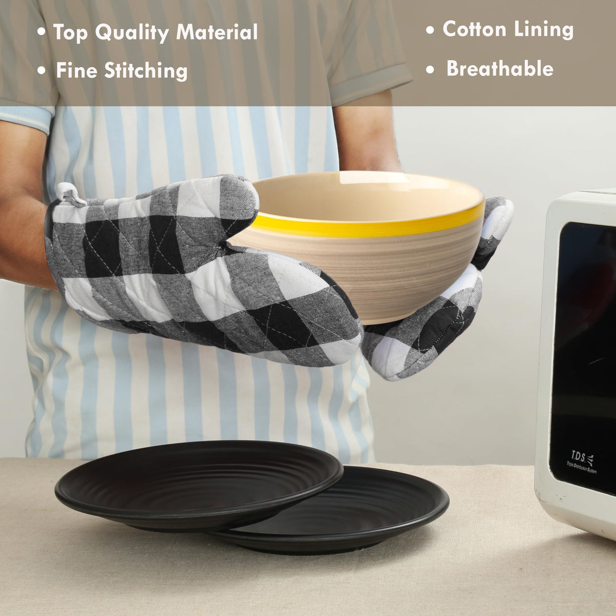 Softopia Cotton Oven Mitt & Pot Holder Buffalo Plaid Check 100% Cotton Heat Resistant Oven Gloves (7"x13") & Hot Pads (8"x8") Combo for Baking, Cooking - Black