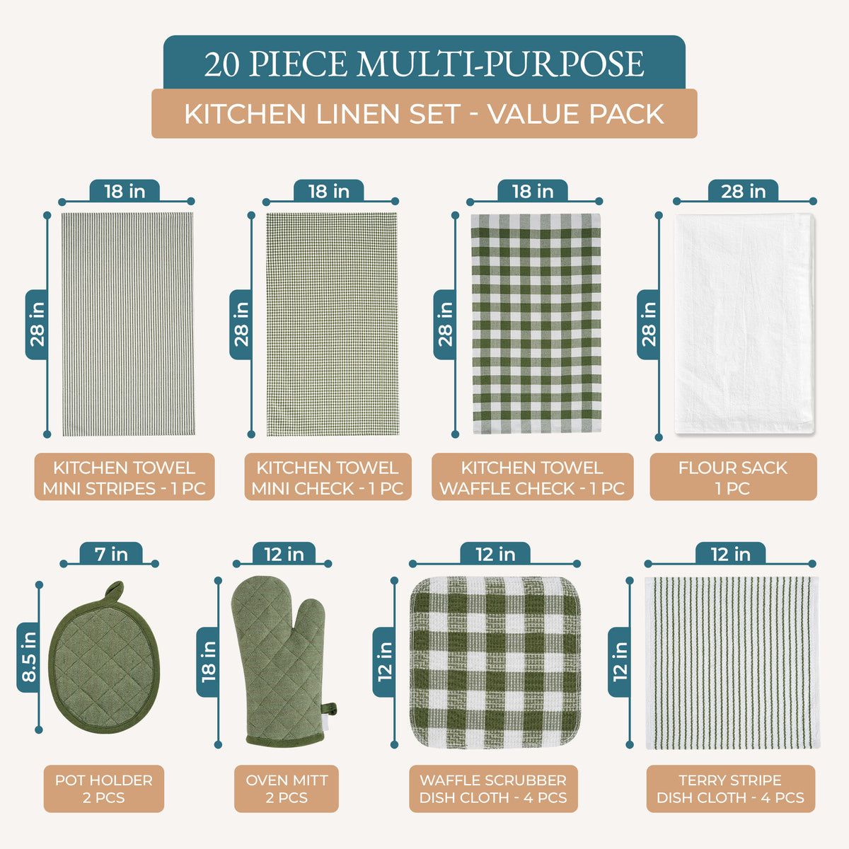 20 Piece Kitchen Towel Set - Cotton Dish Towels, Heat Resistant Kitchen Mittens and Pot Holder Set, Apron for Women with Pockets , Absorbent Dish Towels for Kitchen Drying - Olive