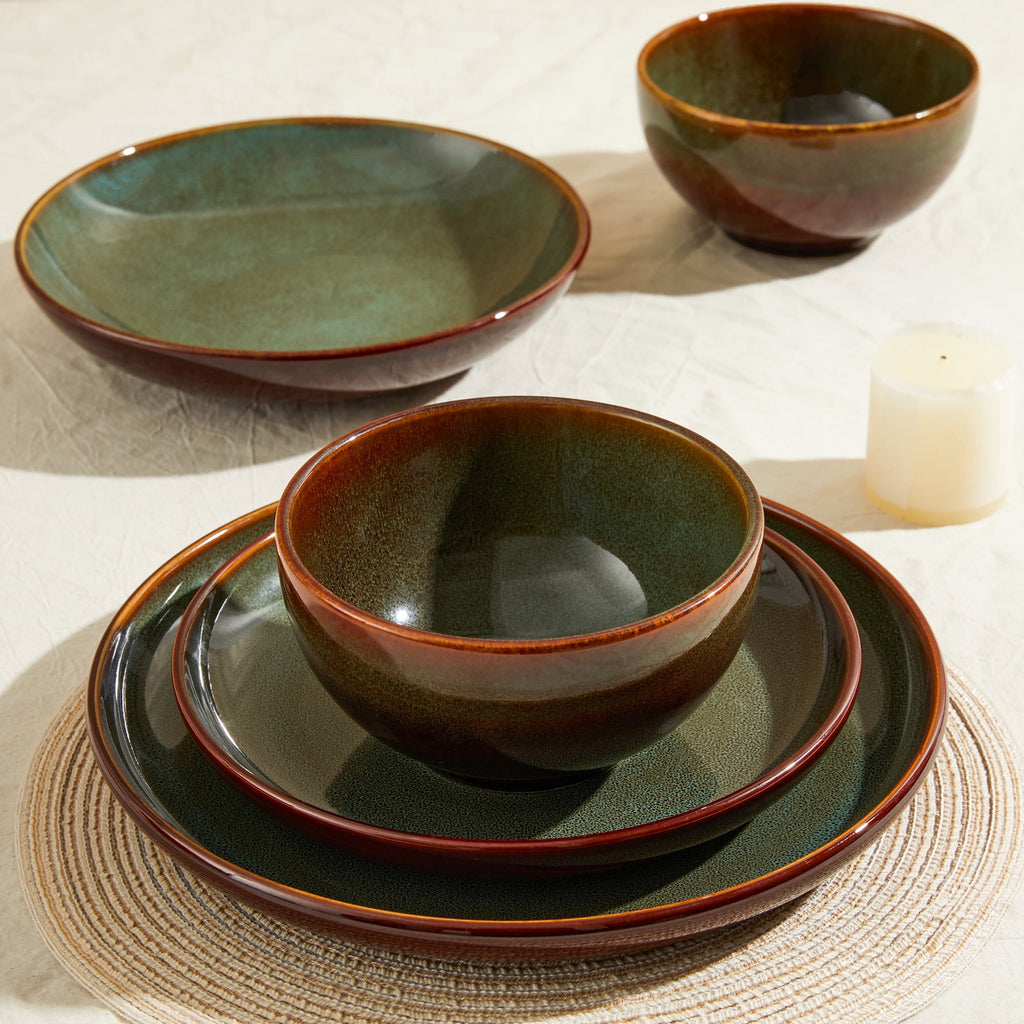 Pokini 12-Piece Stoneware Dinnerware Sets, Plates and Bowls Dish Sets for 4, Brown Green