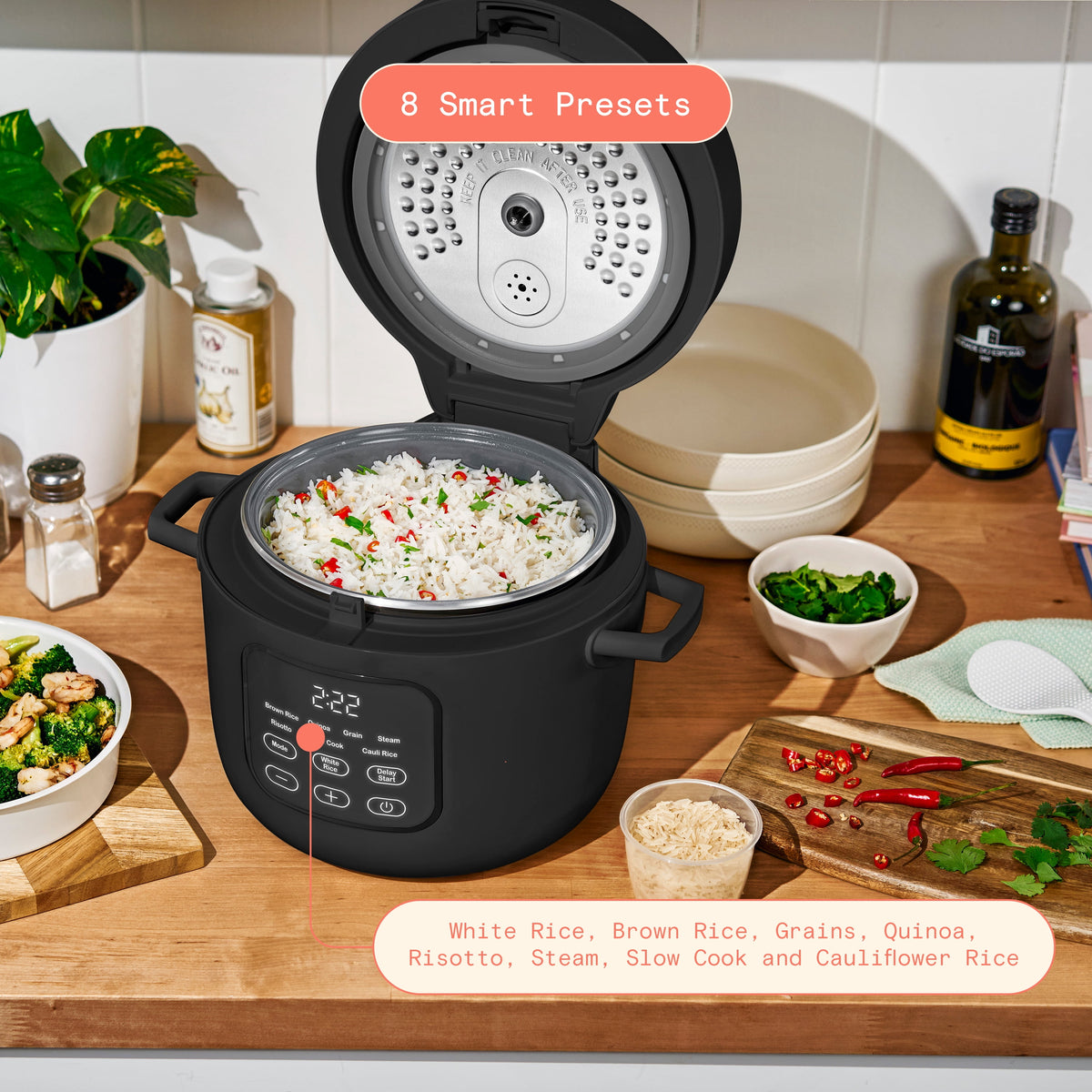 Beautiful 14-Cup Cooked, 6-Cups Uncooked Electric Rice and Grain Cooker, EverGood Ceramic Nonstick Coating, Thyme Green by Drew Barrymore