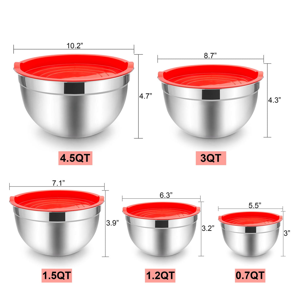 Mixing Bowls with Lids Set of 5, Vesteel Stainless Steel Mixing Bowls Metal Nesting Salad Bowls, Size 4.5, 3, 1.5, 1, 0.7 QT Great for Cooking, Baking, Serving - Multi-Color