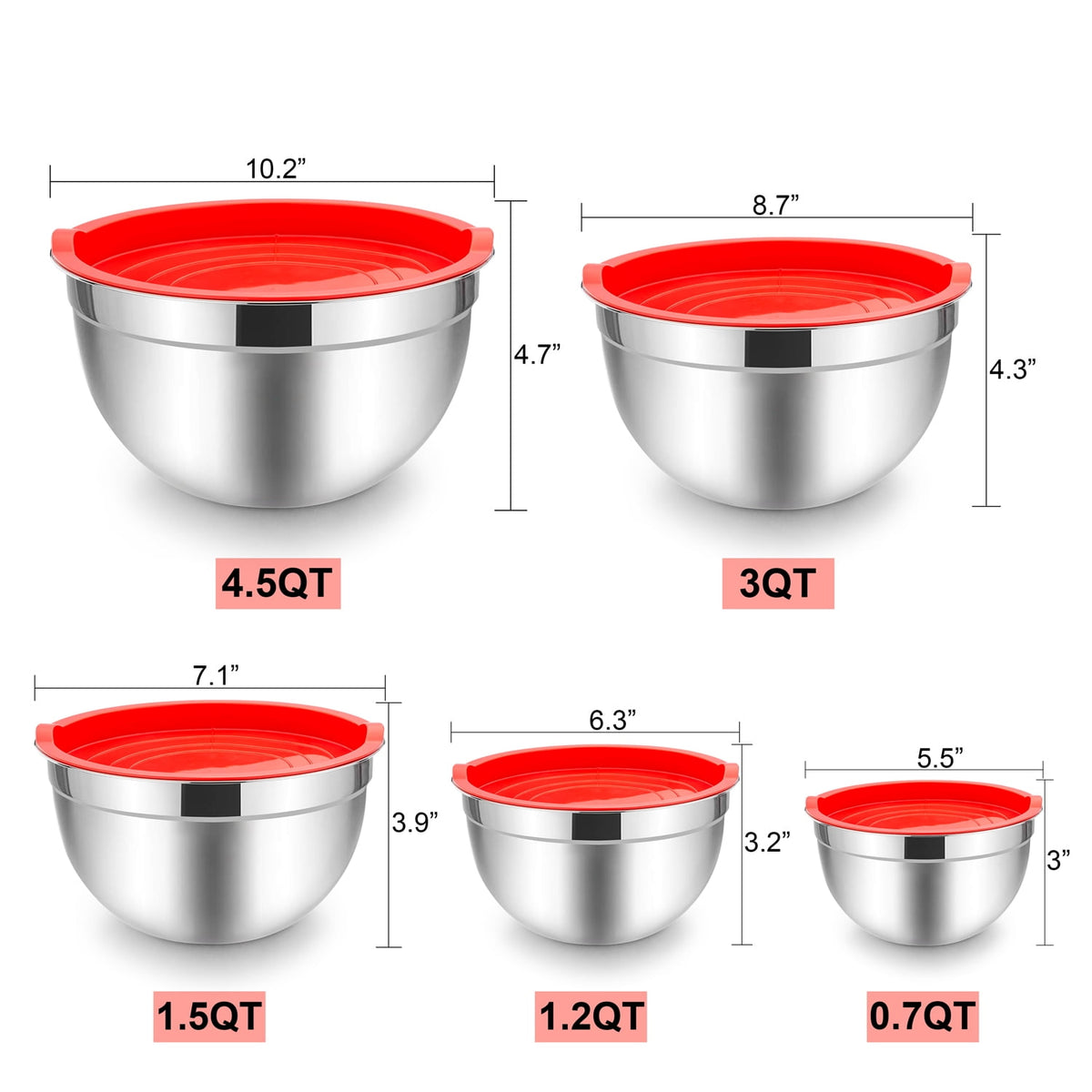 Mixing Bowls with Lids Set of 5, Vesteel Stainless Steel Mixing Bowls Metal Nesting Salad Bowls, Size 4.5, 3, 1.5, 1, 0.7 QT Great for Cooking, Baking, Serving - Multi-Color