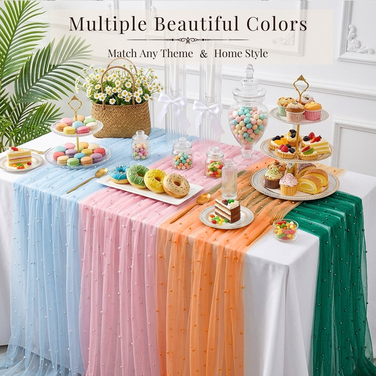 Inosoo Pearl Gauze Table Runner 30x120 inch, 10FT Sheer Tulle Table Decor with Shatterproof Pearls for Wedding Party Dining, White