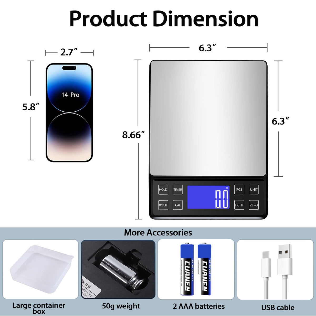 ZOWWKLLY Digital Food Kitchen Scale, Gram Scale 0.1g/0.001oz Accuracy,5kg/11lb Stainless Steel with 9 Units, Tare Function& LCD Display, USB Rechargeable & Battery Powered, Espresso, Baking, Cooking