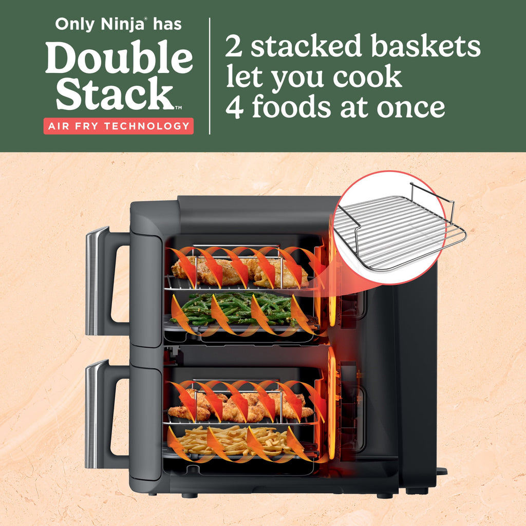 Ninja DoubleStack Air Fryer 8-Qt, 2 Baskets, Cook 4 Foods at Once, Space Saving, 4-in-1, SL200 Black