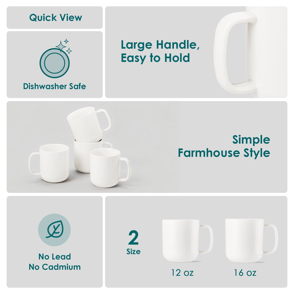 Malacasa Porcelain Coffee Mugs Set, 12 oz Coffee Cups Set of 4, Dishwasher & Microwave Safe, White