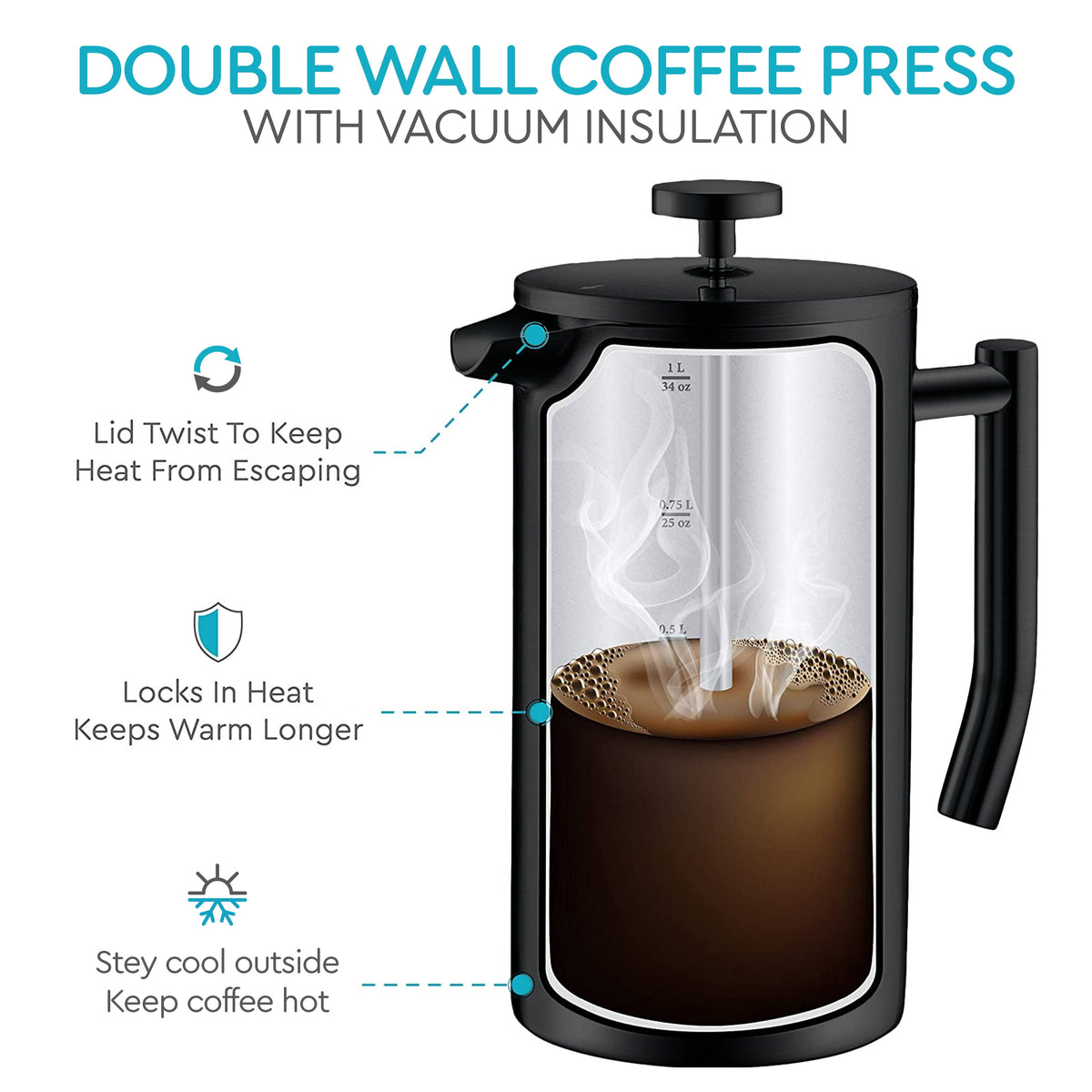 Belwares French Press Coffee Maker 50 oz, Stainless Steel French Press Coffee Press with Double Wall Filtration