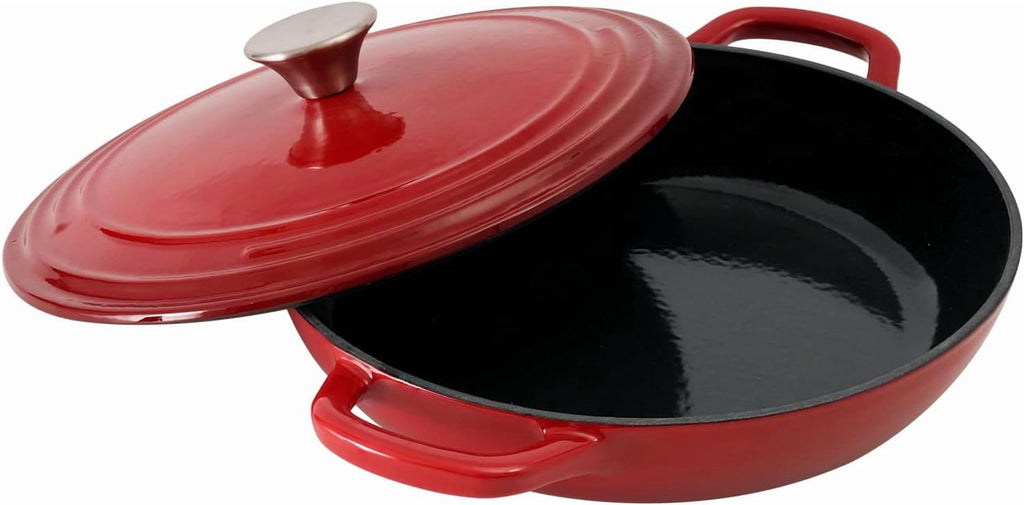 Flavehc Braiser Enameled Cast Iron Braiser 3 qt Braiser Pan with Lid Purple Shallow Cast Iron Casserole Braiser Pan with Handels