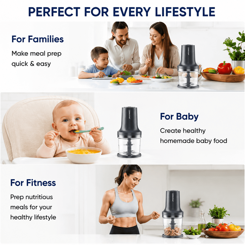 LINKChef Food Chopper, 3 Cup Food Processor, 260W Power Grinder with 4 Bi-Level Blades, Grey