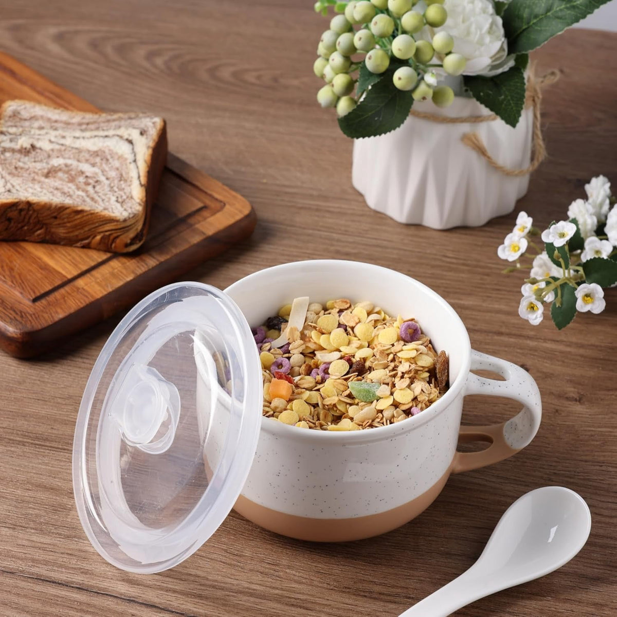 AmorArc Ceramic Soup Mugs with Handles and Lids,24 OZ Soup Cups Set of 2 with Terracotta Underside,Mug Bowls with Spoon for Soup/Cereal/Salad/Noodles/Ramen/Microware &Dishwasher Safe-White &Peach