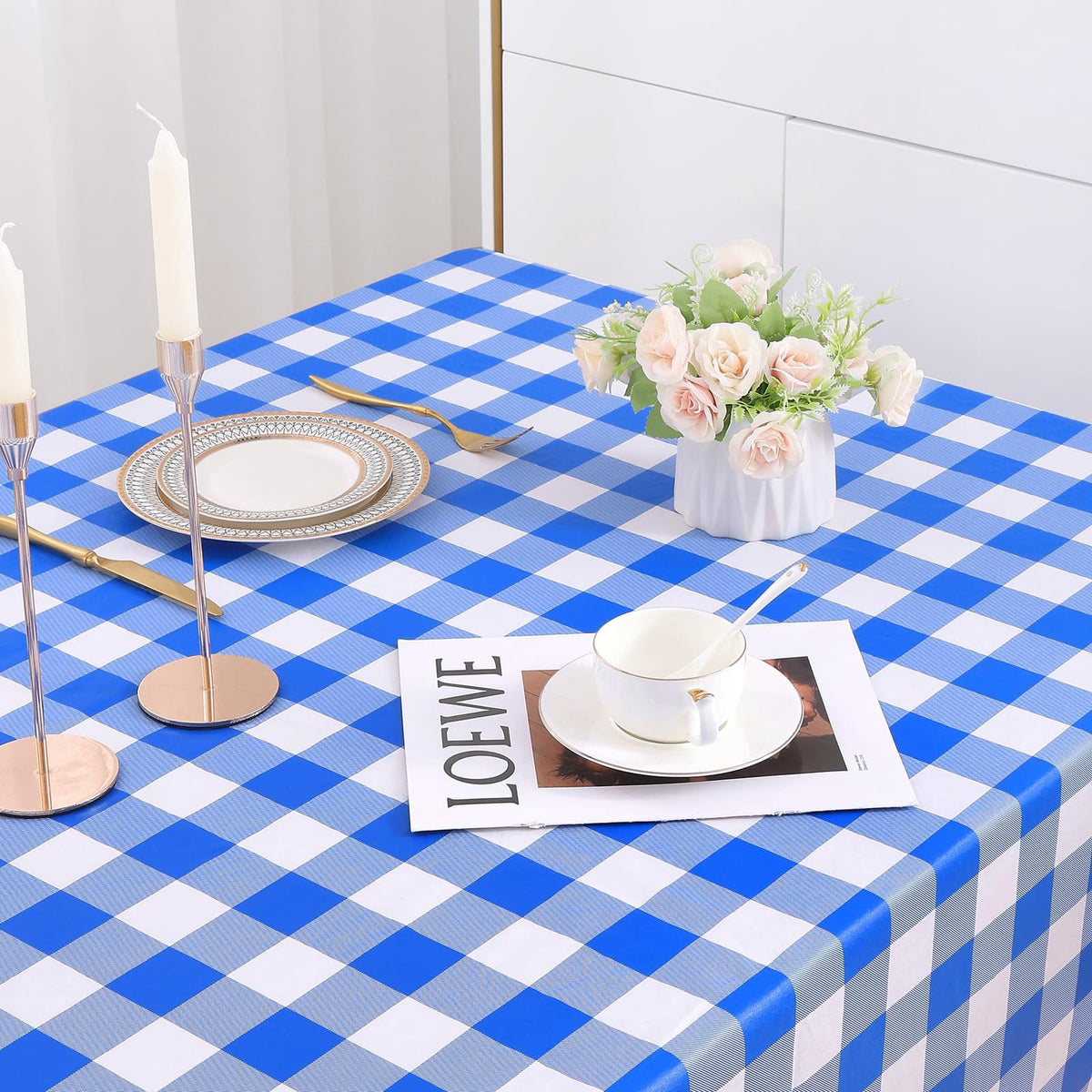 decorUhome Rectangle Tablecloth, Waterproof Vinyl Flannel Backed Table Cloth, Buffalo Wipeable Plastic Table Cover for Kitchen and Outdoor, Black and White, 60" x 84"