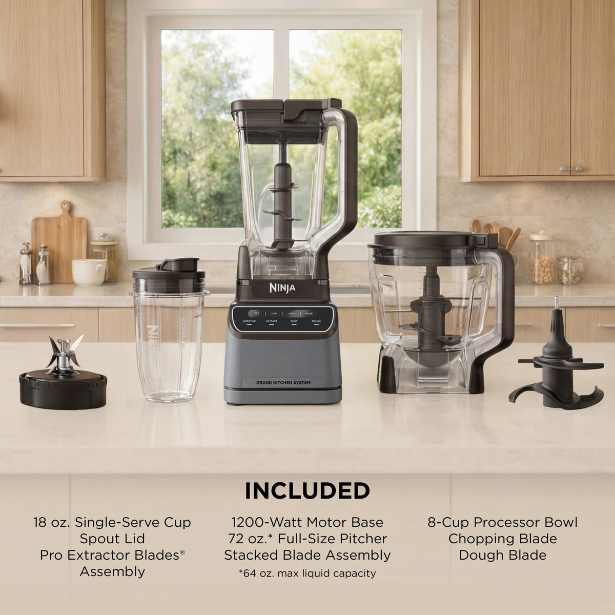 Ninja Grand Kitchen System 72-Oz Blender, 4 Presets, Smoothie, Chop, Dough, 3 Speeds, 1200W, KS500 Gray