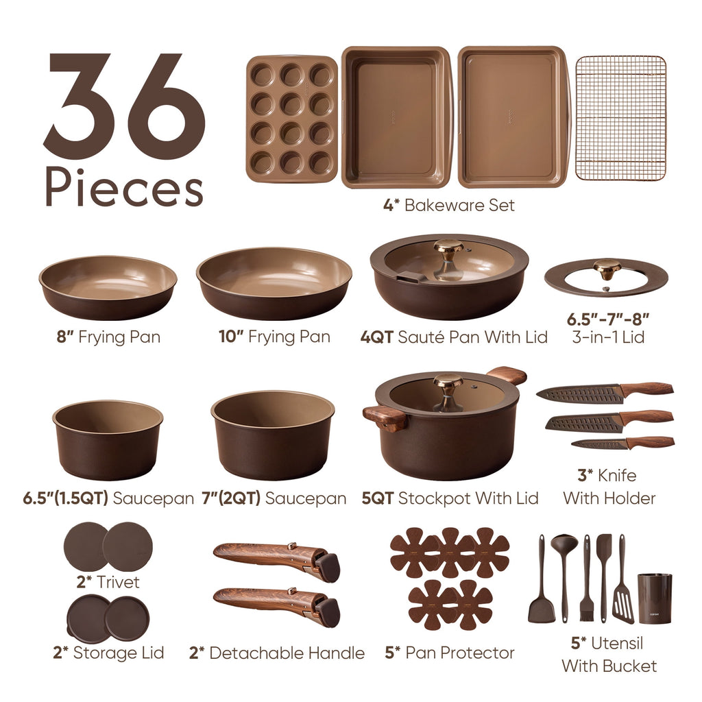 CAROTE 19-Piece Ceramic Pots and Pans Set, Nonstick Cookware Set with Lids, Induction Compatible, Oatmeal