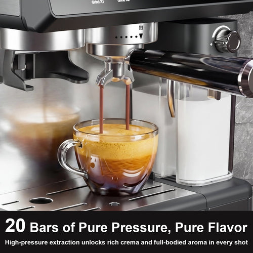 Bluebow 20-Bar Espresso Machine with Grinder and Milk Frother, All-in-One Automatic Coffee Maker for Latte Cappuccino, Home&Office