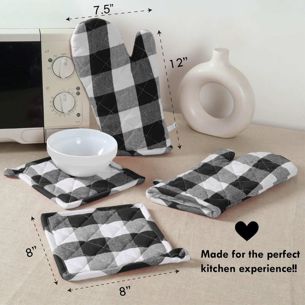 Softopia Cotton Oven Mitt & Pot Holder Buffalo Plaid Check 100% Cotton Heat Resistant Oven Gloves (7"x13") & Hot Pads (8"x8") Combo for Baking, Cooking - Black