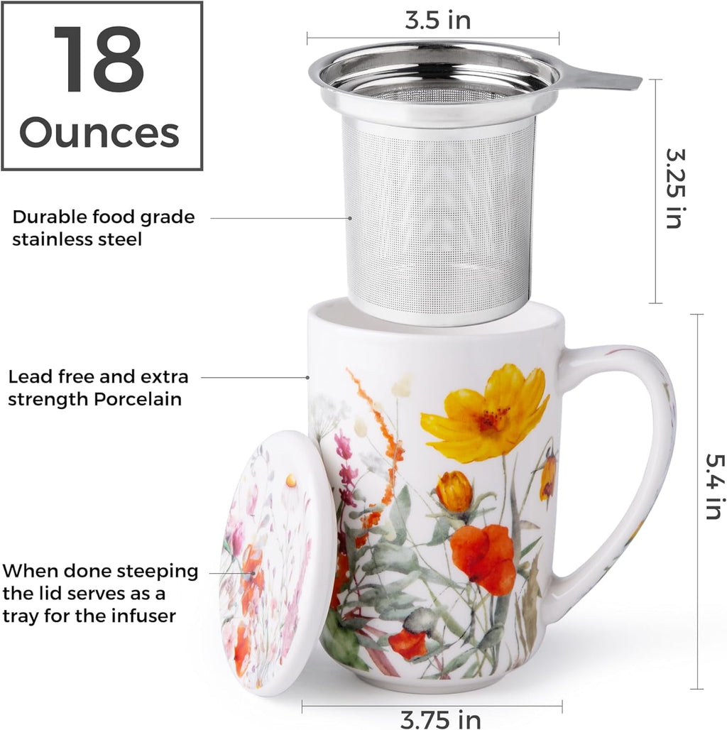 AmorArc Porcelain Tea Mug with Infuser and Lids, 18 Oz Cup Strainer Bag Holder for Loose Leaf Tea, Steeping Coffee Well-wrapped Box House-warming Wedding Birthday Gift, YelloRed