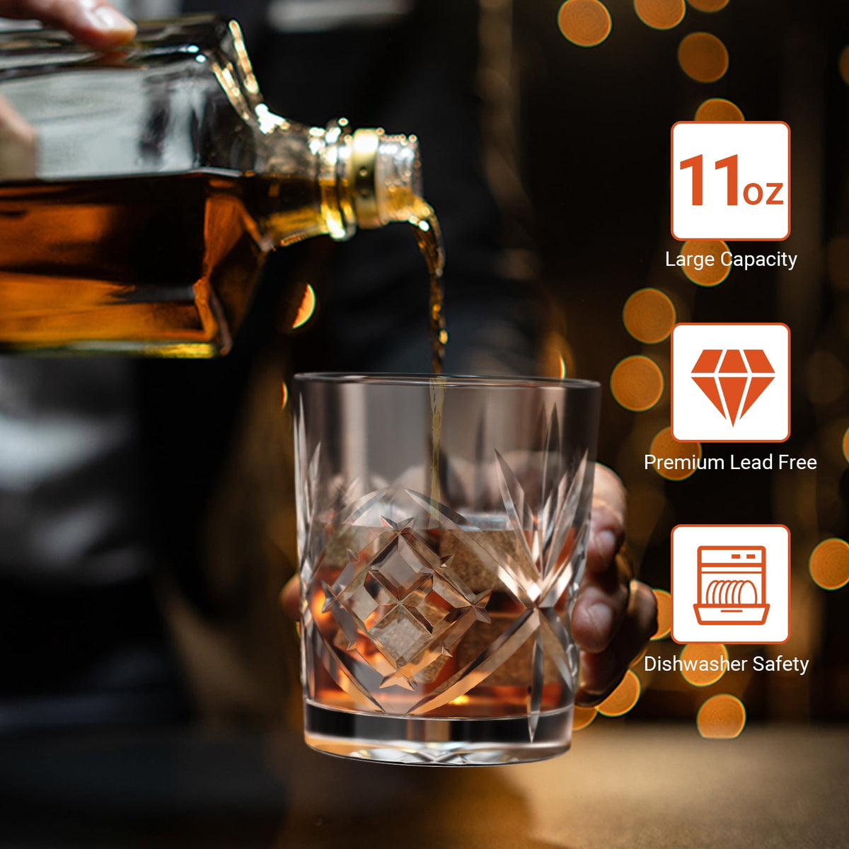 TINANA Whiskey Glass Set Gifts for Men: 11 OZ Scotch Glass, Old Fashioned Whiskey Glasses for Birthday Decorations,Ideal Gifts for Him,Dad,Husband,with Wooden Box,Chilling Stones,Coaster