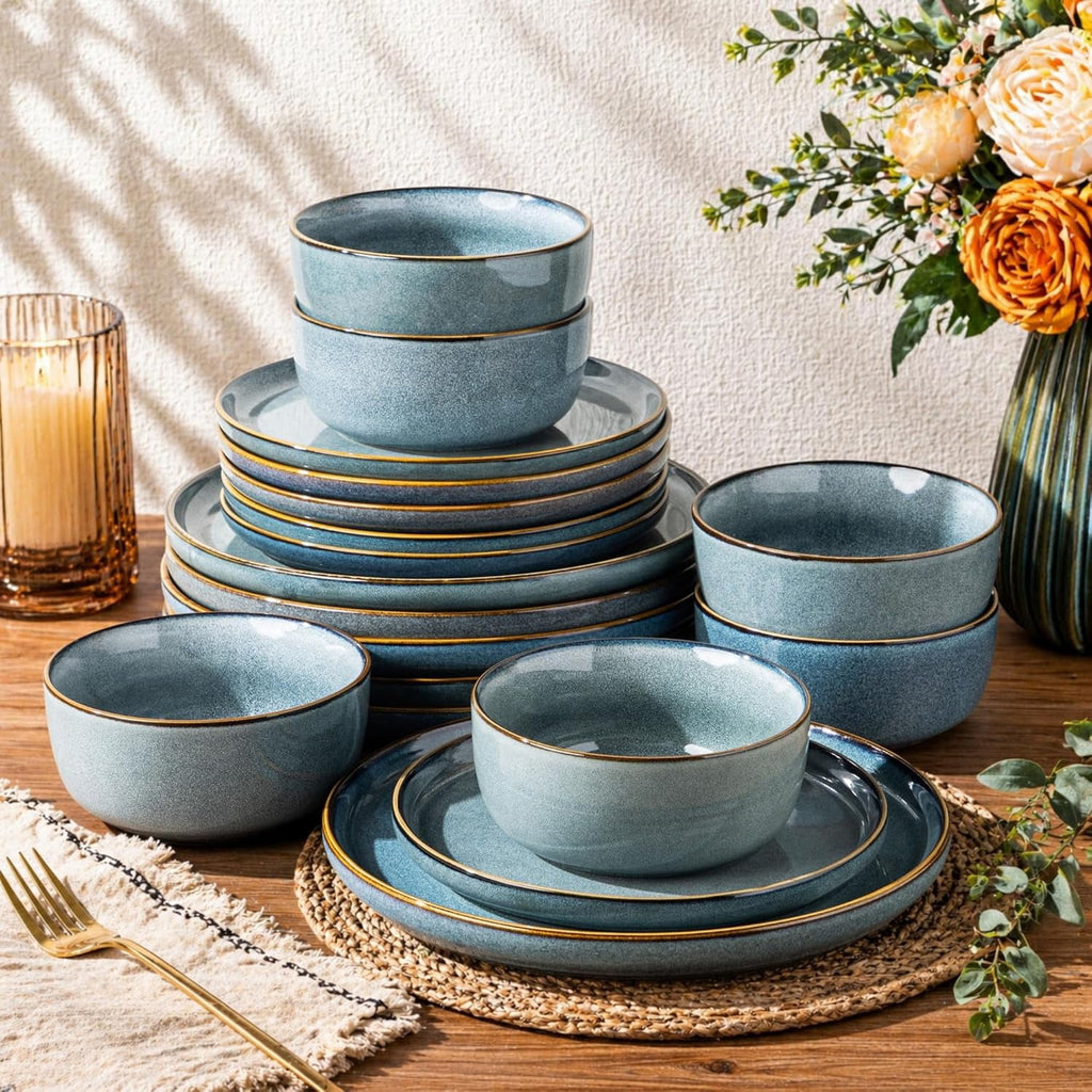 AmorArc Ceramic Dinnerware Sets for 4, 12 Pieces Stoneware Plates and Bowls Sets, Reactive Glaze Dishes -Scratch Resistant, Dishwasher&Microwave Safe, Space Blue (Service for 4)