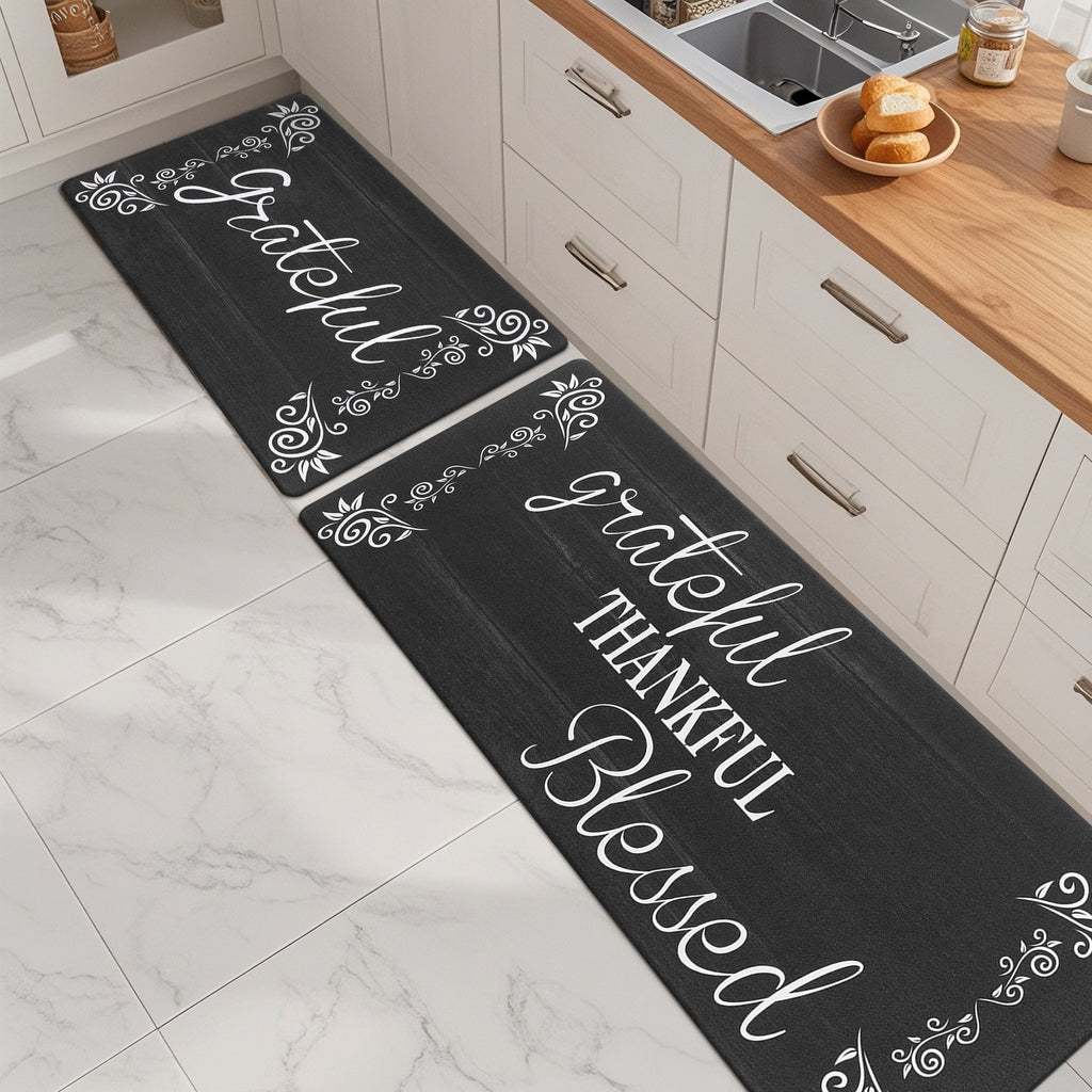 MeyJey Farmhouse Kitchen Rug Set of 2, Non-Slip Anti-Fatigue Waterproof Cushioned Mat for Kitchen, Dining & Laundry Room, 18"x30"+18"x48" Teal/Brown