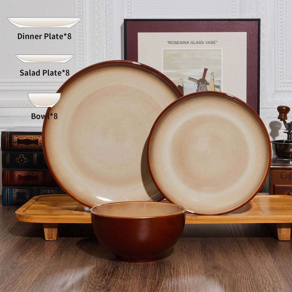 Pokini 12-Piece Stoneware Dinnerware Sets, Plates and Bowls Dish Sets for 4, Brown Green