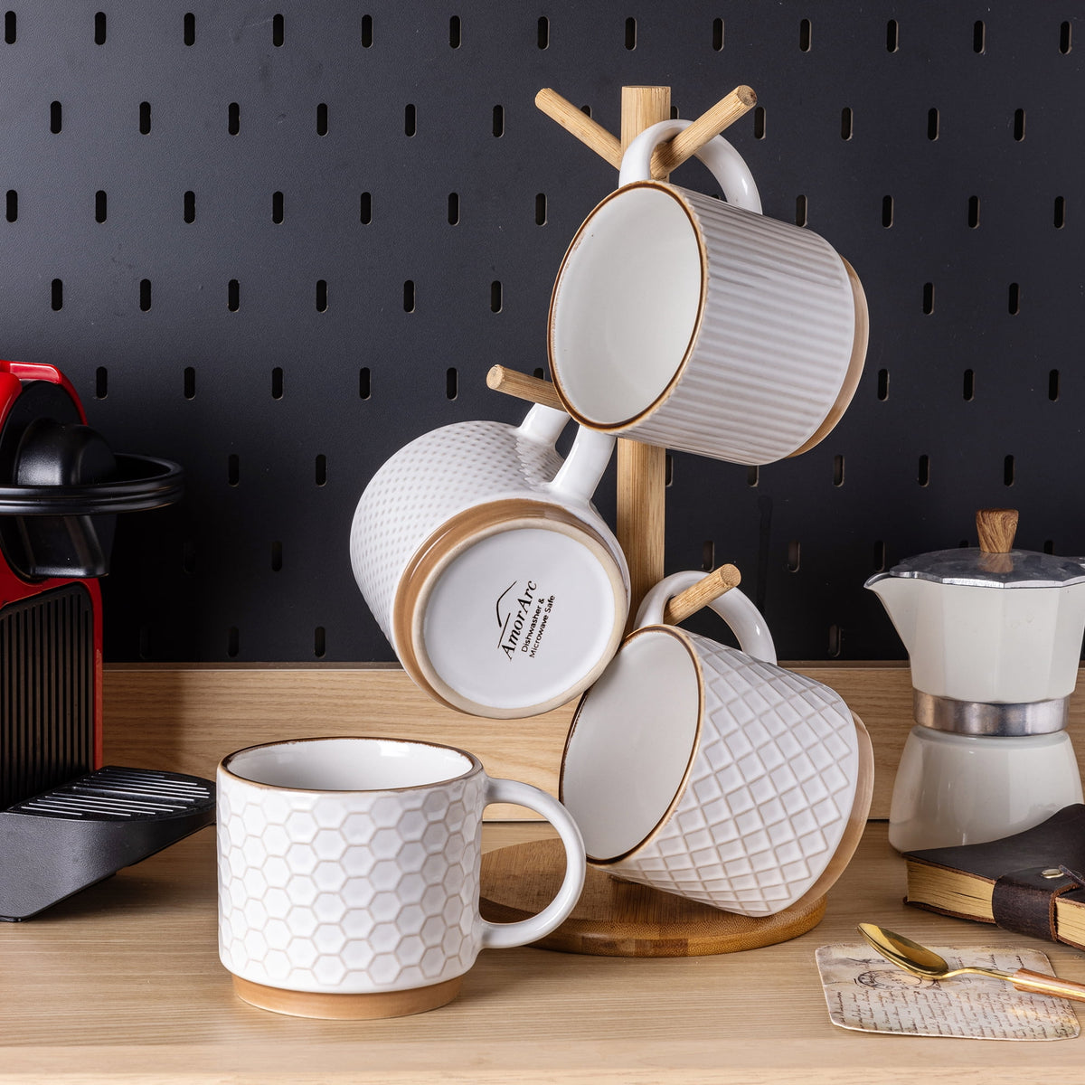 AmorArc 12OZ Stackable Ceramic Coffee Mugs with Texture Patterns, Modern Mug Set of 4 for Latte, Cappuccino and Cocoa, Dishwasher & Microwave Safe, off-white