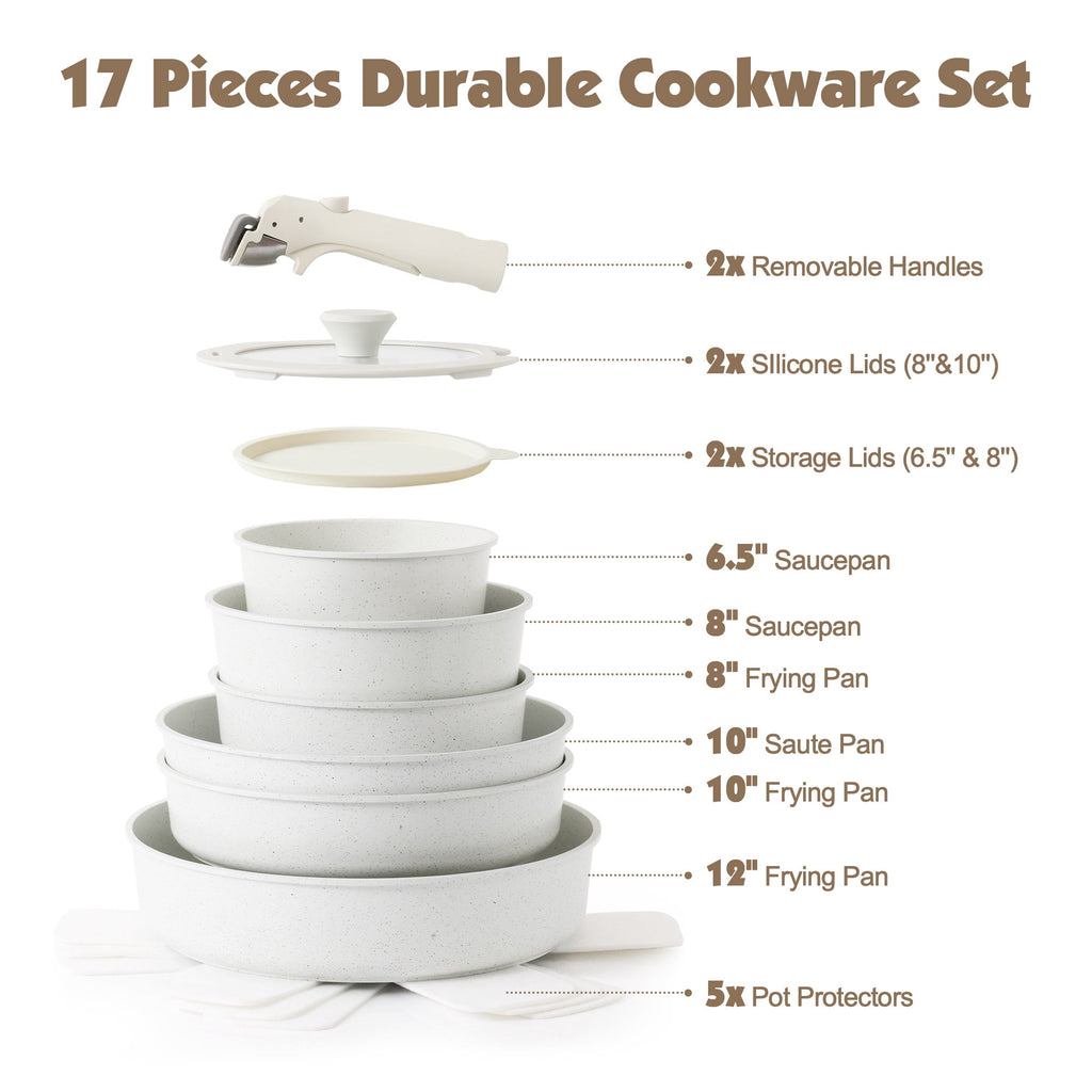 SENSARTE 18-Piece Ceramic Cookware Set with Detachable Handle, Gray Nonstick Pots and Pans Set, Induction Compatible, Dishwasher/Oven Safe, Healthy Cooking Set for RV & Camping