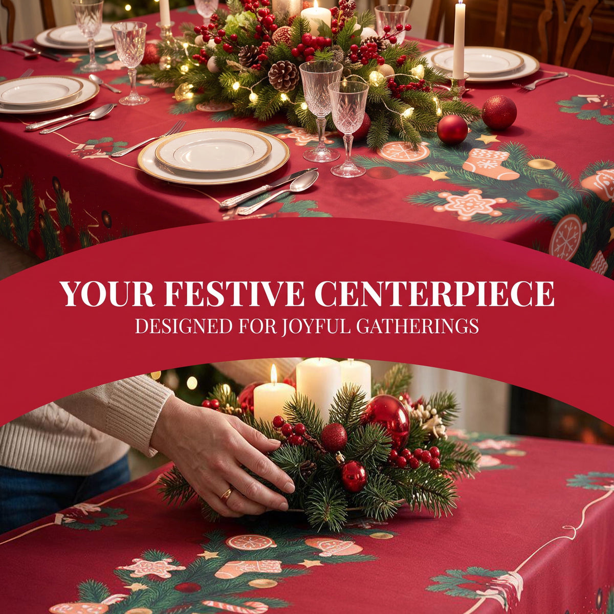 LUSHDIVA Christmas Rectangle Tablecloth, Holly Berry Ribbon Garland Bordered Fabric Dining Table Cover, Xmas Holiday Party Decor Table Cloth, 60" x 84"