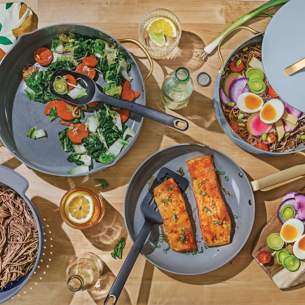 Beautiful 12-Piece Cookware Set, Pots and Pans with Strainer Lids and EverGood Ceramic Nonstick Coating, White Icing by Drew Barrymore