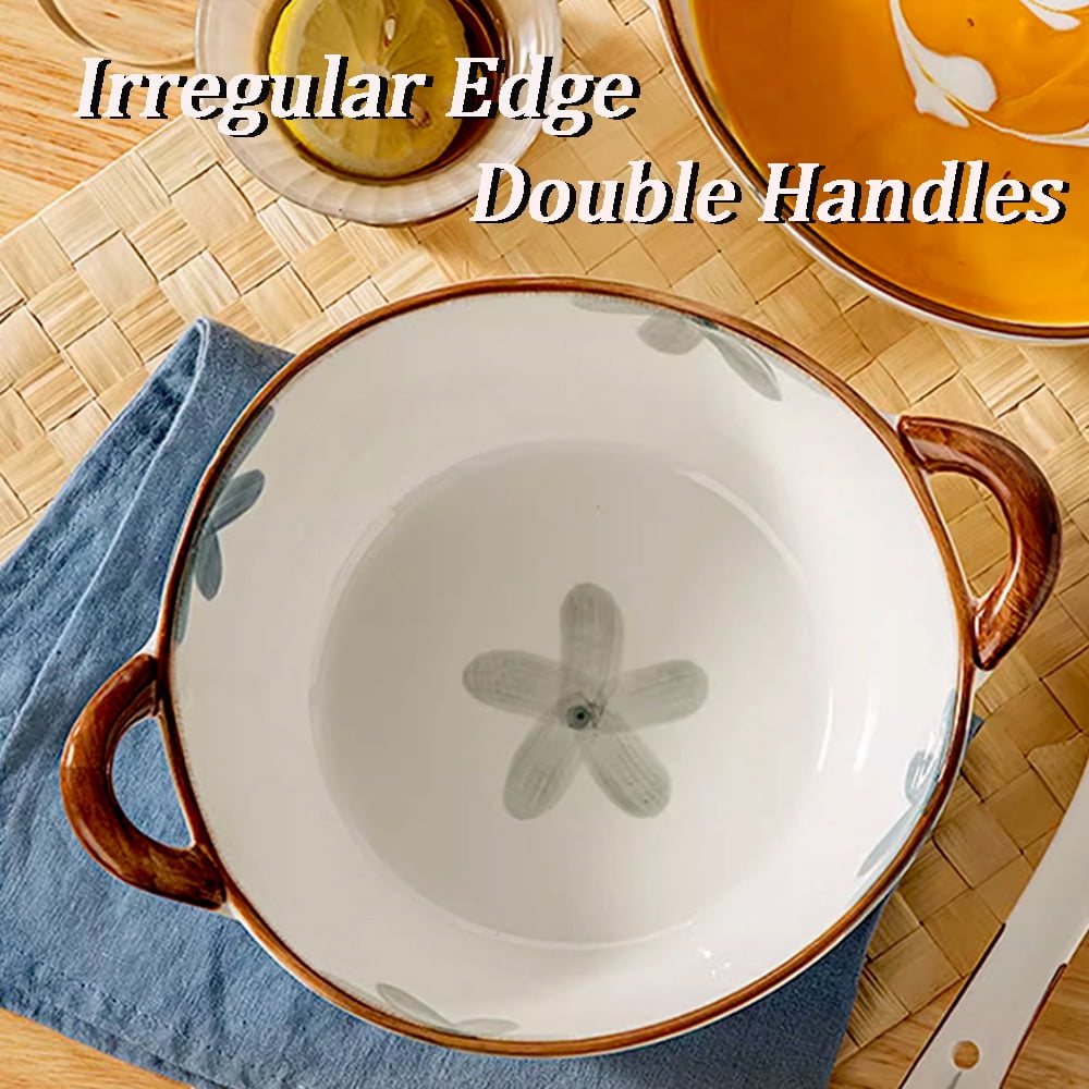 Large Salad Serving Bowl 50oz Deep Pasta Bowl Ceramic Soup Bowl with Handle for Entertaining Fruit Ramen,Decorative Cereal Crock Porcelain Dinnerware