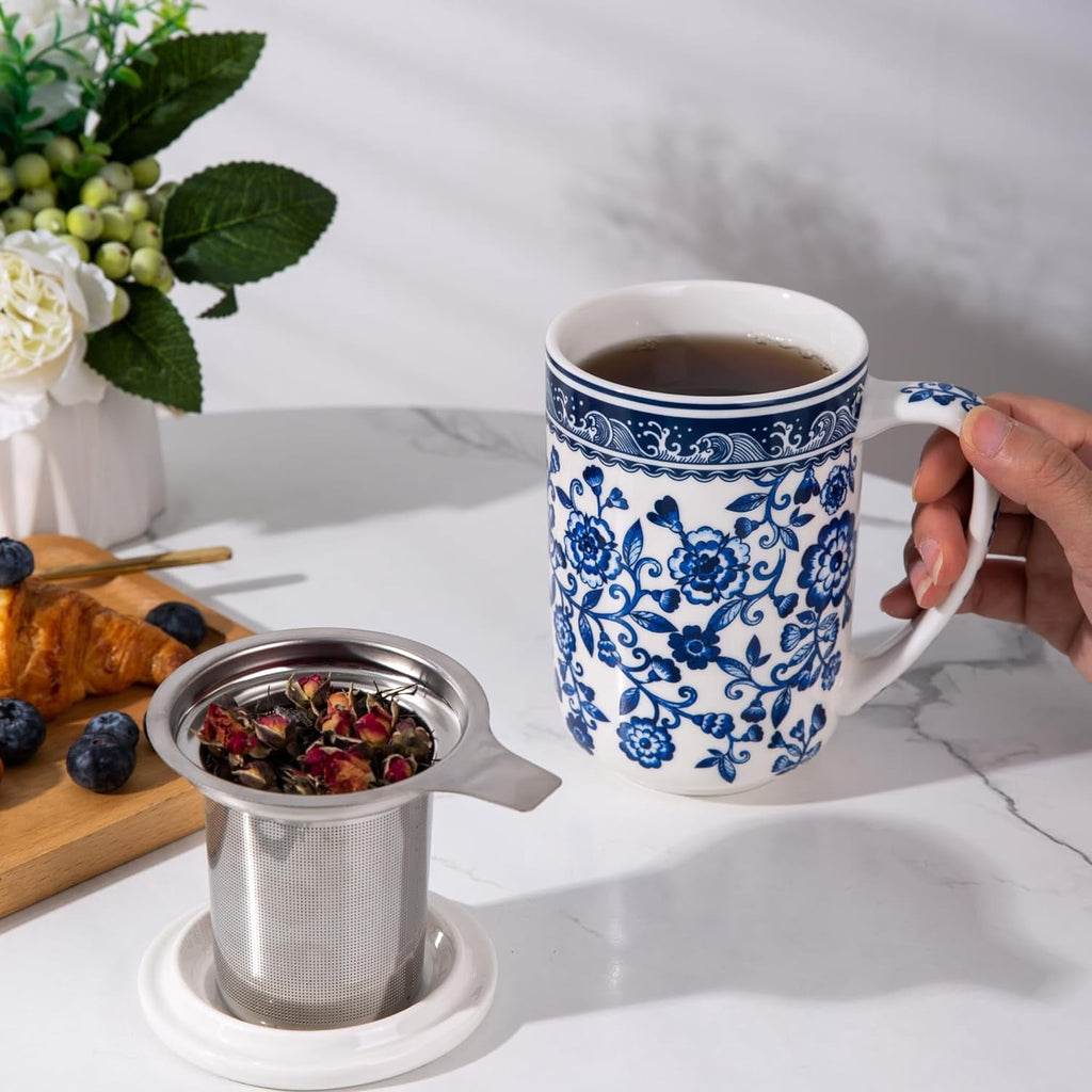 AmorArc Porcelain Tea Mug with Infuser and Lids, 18 Oz Cup Strainer Bag Holder for Loose Leaf Tea, Steeping Coffee Well-wrapped Box House-warming Wedding Birthday Gift, YelloRed