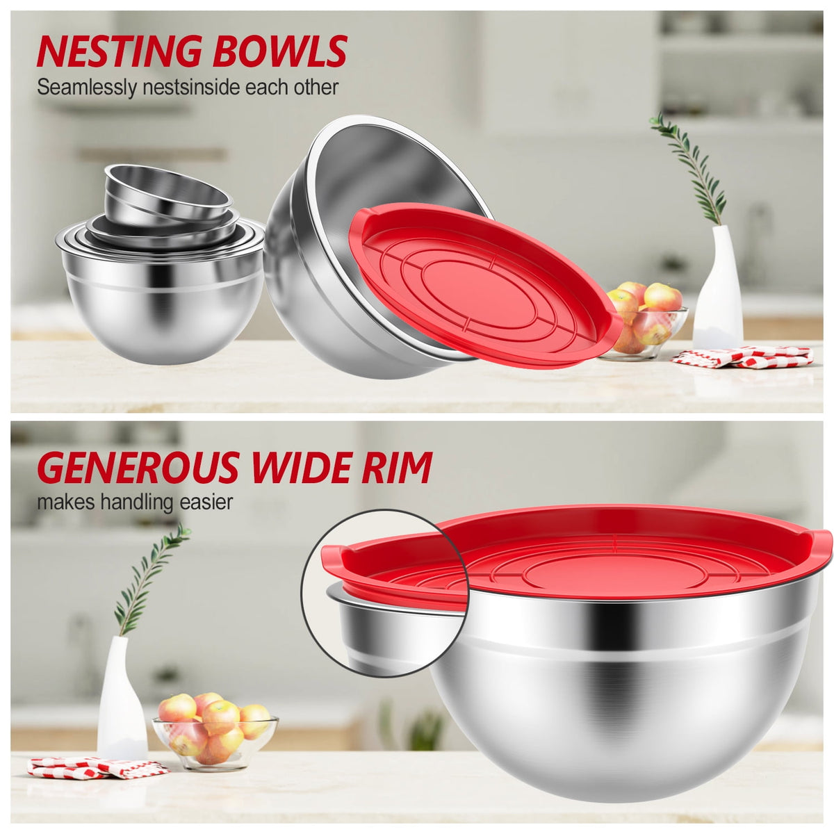 Stainless Steel Mixing Bowls Set, TINANA 6 Pack Mixing Bowls with Lids, Metal Nesting Storage Bowls for Kitchen, 4.5/3/2.5/2/1.5/0.75QT, Great for Prep, Baking, Serving, Multicolor