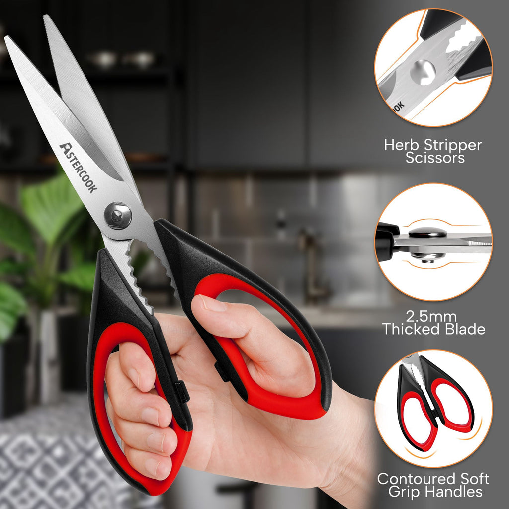 Astercook 2 Pcs Kitchen Scissors, Heavy Duty Shears with Serrated Blade, Ergonomic Handle Food Scissor for Poultry, Herbs, Vegetables Dishwasher Safe