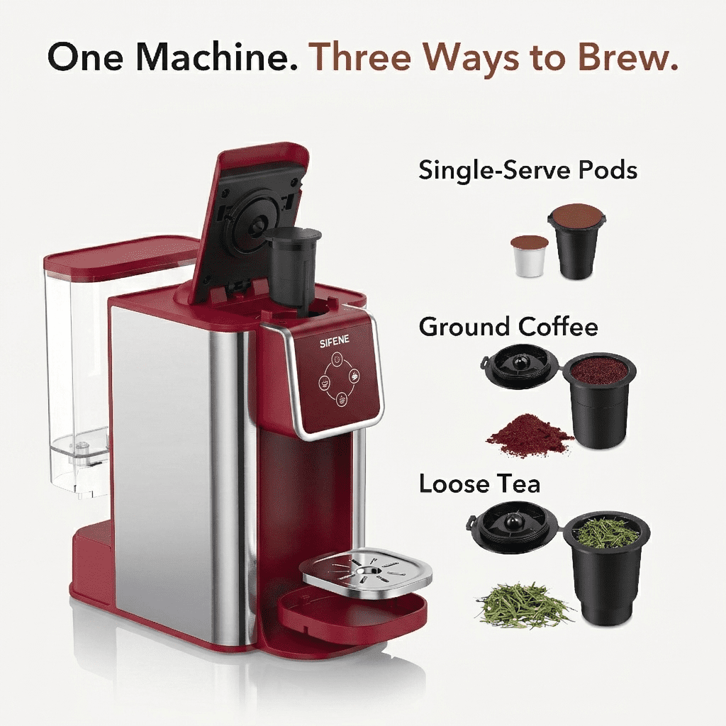 SIFENE 3-in-1 Single Serve Coffee Maker, Compatible with K Cup Capsules & Grounds, Tea Maker, 6-10 Oz Brew Sizes, 50 Oz Removable Reservoir, Fast Brew, Compact Design, 120V 1150W, Black