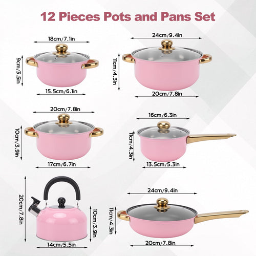 12 Piece Stainless Steel Cookware Set, Nonstick Cookware Set, Kitchen Pots and Pans Tea Kettle Set with Glass Lid for Cooking, Dishwasher, Pink
