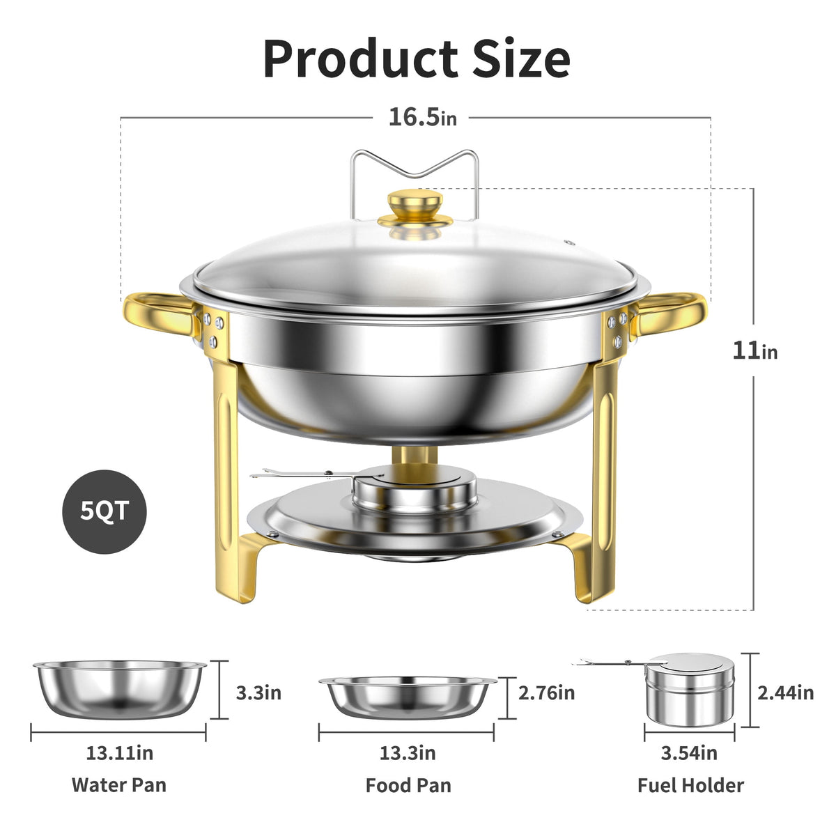 Chafing Dish Buffet Set 2 Pack: TINANA 5QT Stainless Steel Chafing Dishes for Buffet with Glass Lid & Lid Holder, Round Chafers and Buffet Warmers Sets for Parties, Events, Wedding, Camping, Dinner