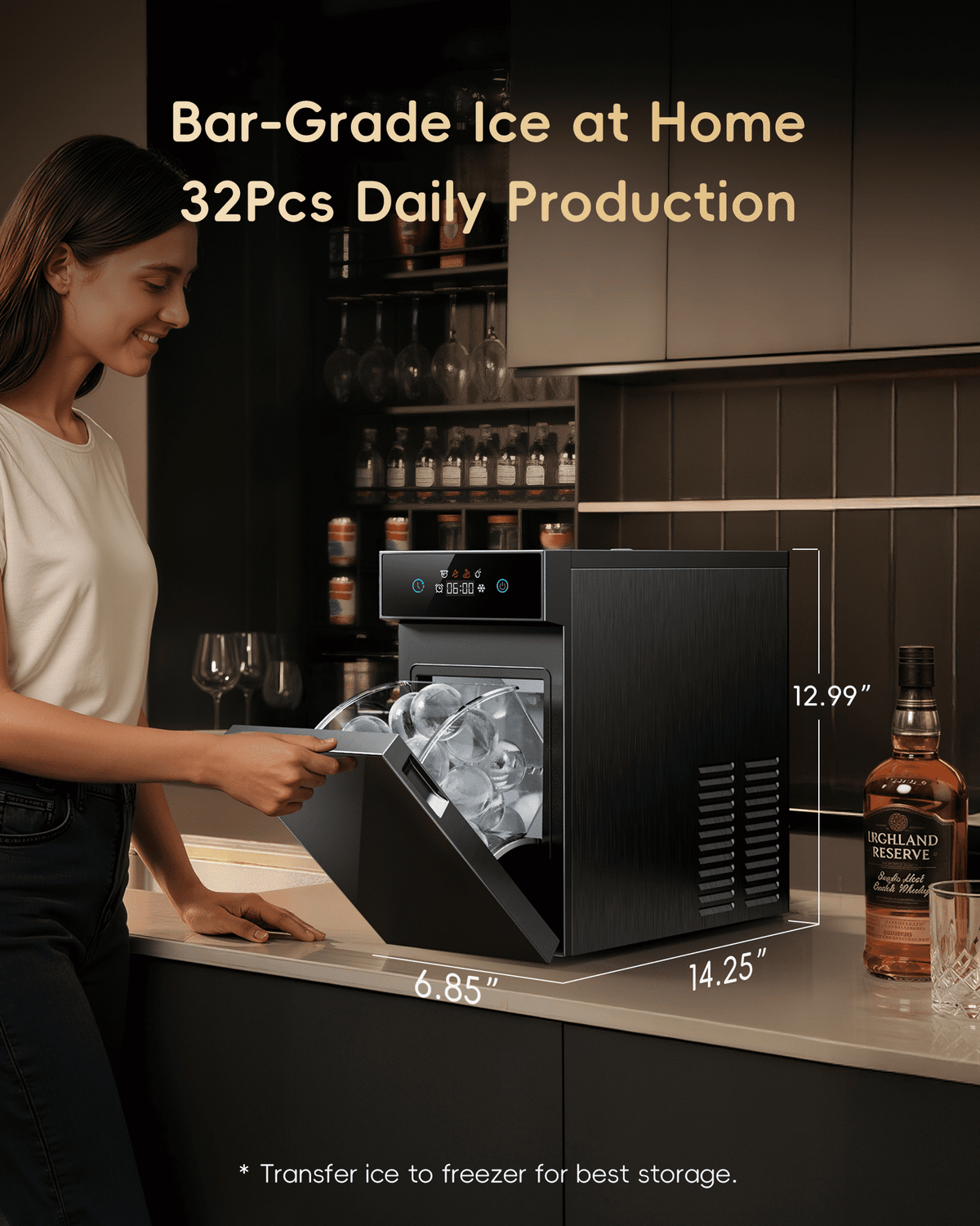 Ecozy Chillio 2.4" Crystal Clear Ice Ball Maker with CrystalFlux Technology, Compact Sphere Ice Machine with Timer, 32 Balls/Day, for Home Bar