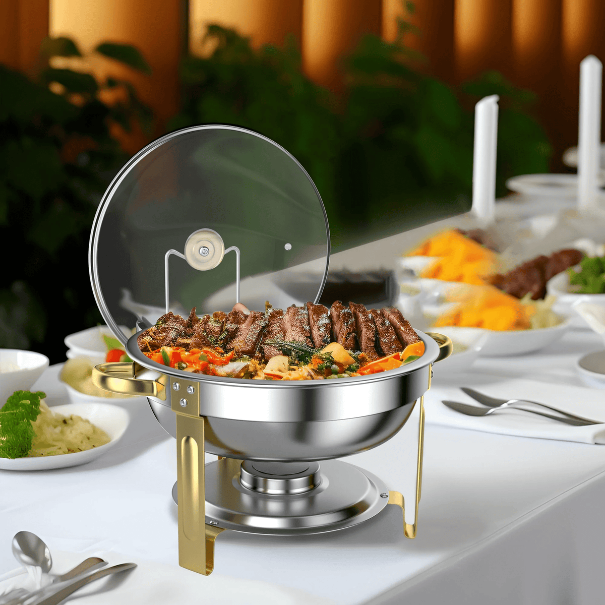 Chafing Dish Buffet Set 4 Pack: TINANA 5QT Stainless Steel Chafing Dishes for Buffet with Glass Lid & Lid Holder, Round Chafers and Buffet Warmers Sets for Parties, Events, Wedding, Camping, Dinner
