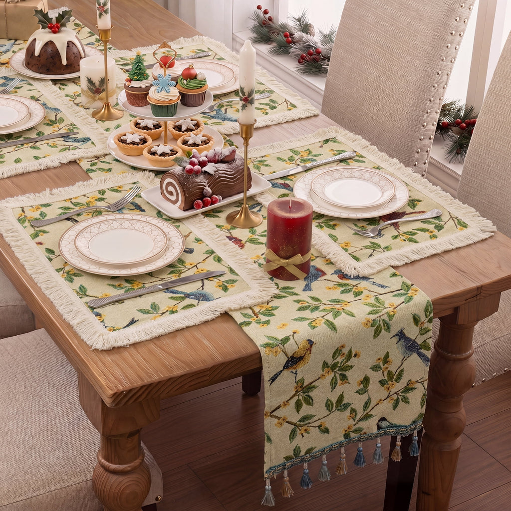 MeyJey Table Runner and Placemats Set of 4, Washable Fabric Rectangle Dining Table Mats with Tassels for Dining Tables, Kitchen, Red/Beige