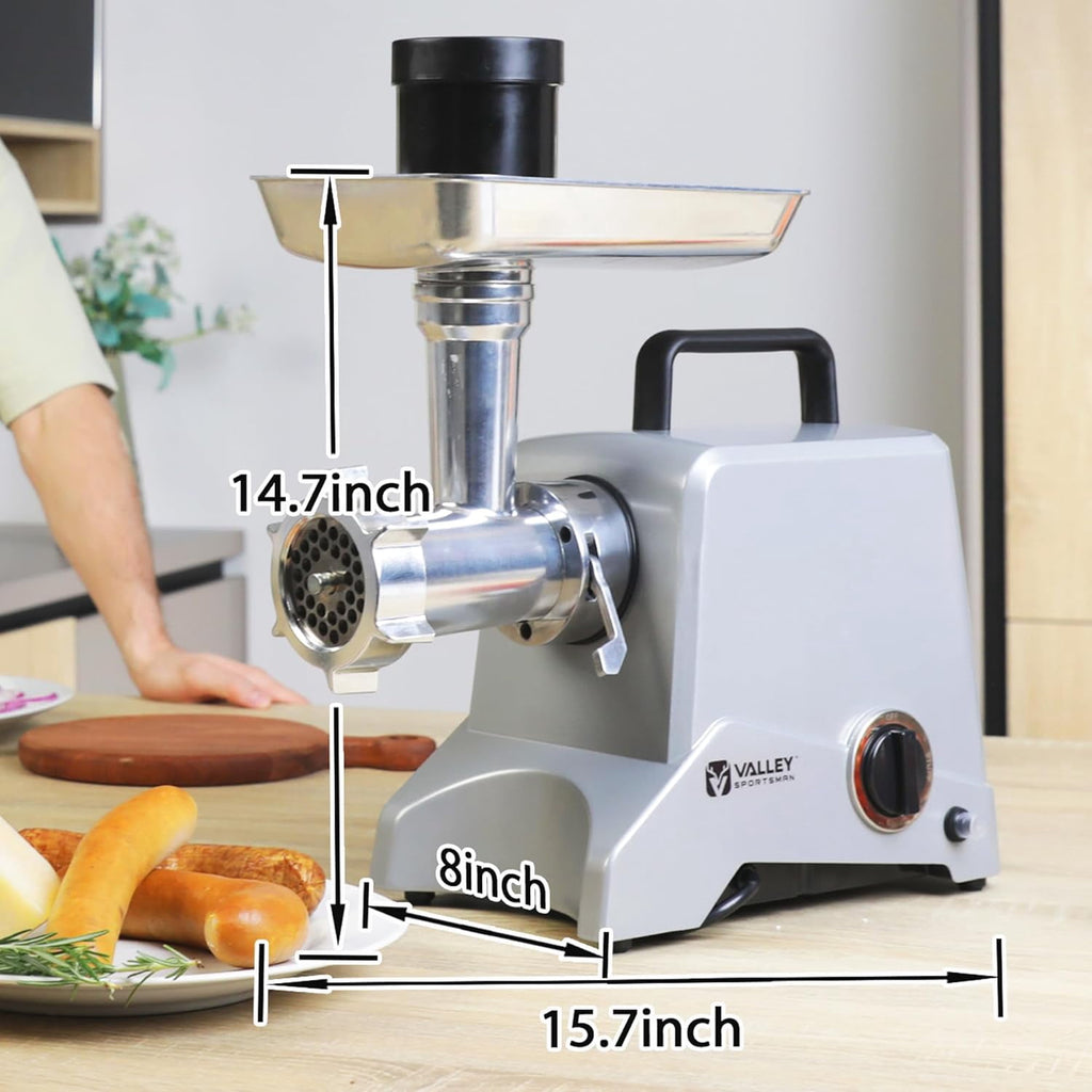Valley Sportsman #8 Stainless Steel Meat Grinder, Powerful 575-Watt Motor Sausage Meat Grinder with Grinder Knife, Ideal for Regular Use, Sausage Making, Silver
