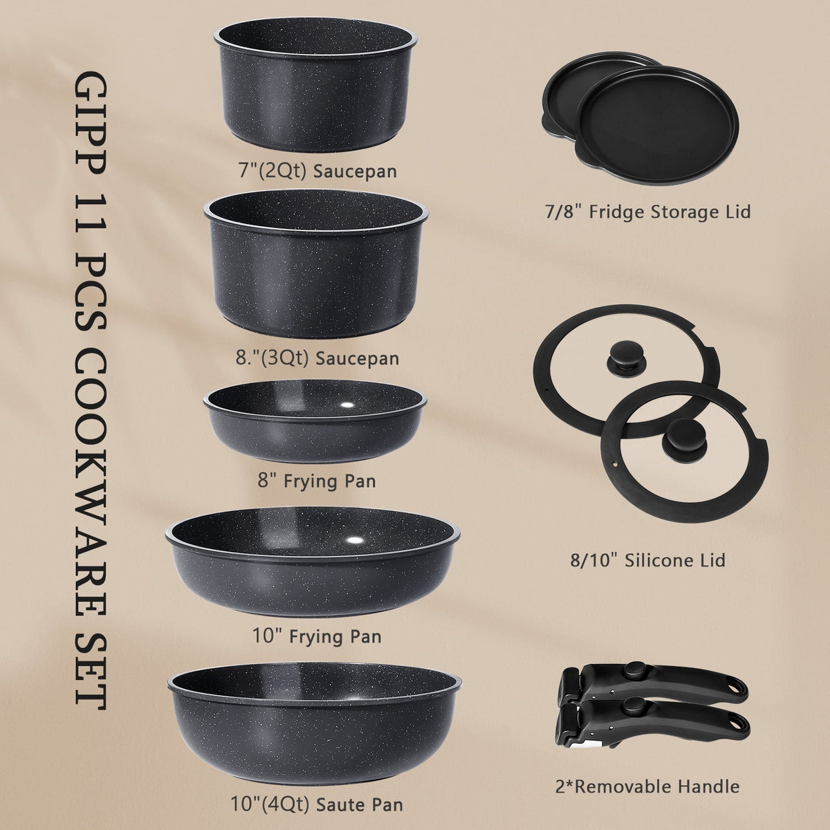 Gipp 11pcs Ceramic Cookware Sets, Pots and Pans Set Non Stick with Removable Handle, Oven & Dishwasher Safe,Induction Cookware