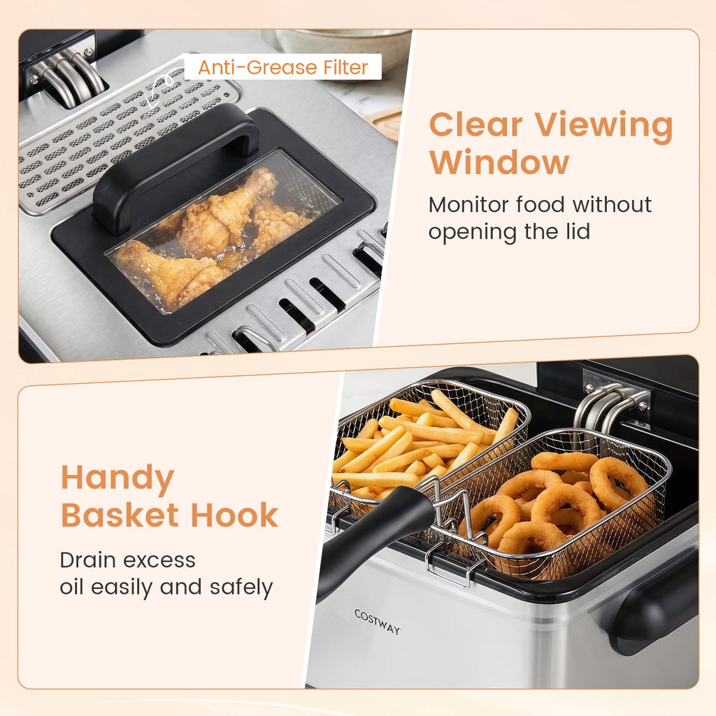 Costway Electric Deep Fryer 5.3 QT/21-Cup Stainless Steel 1700W with Triple Basket Silver