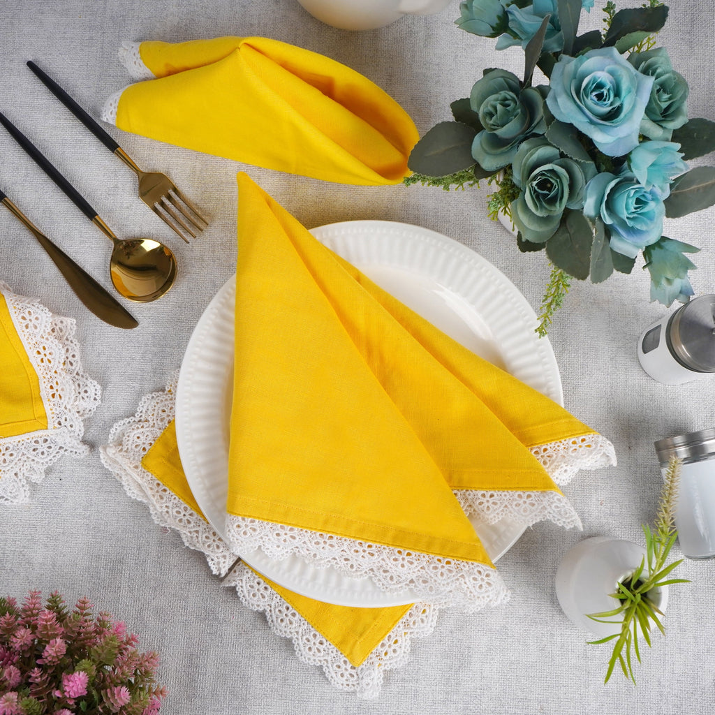 Fingercraft Cloth Napkin, Soft Quality Cotton Linen Blend Fabric, Dinner Napkins with Premium White Lace, 6 Pack, 20”x20” Aqua