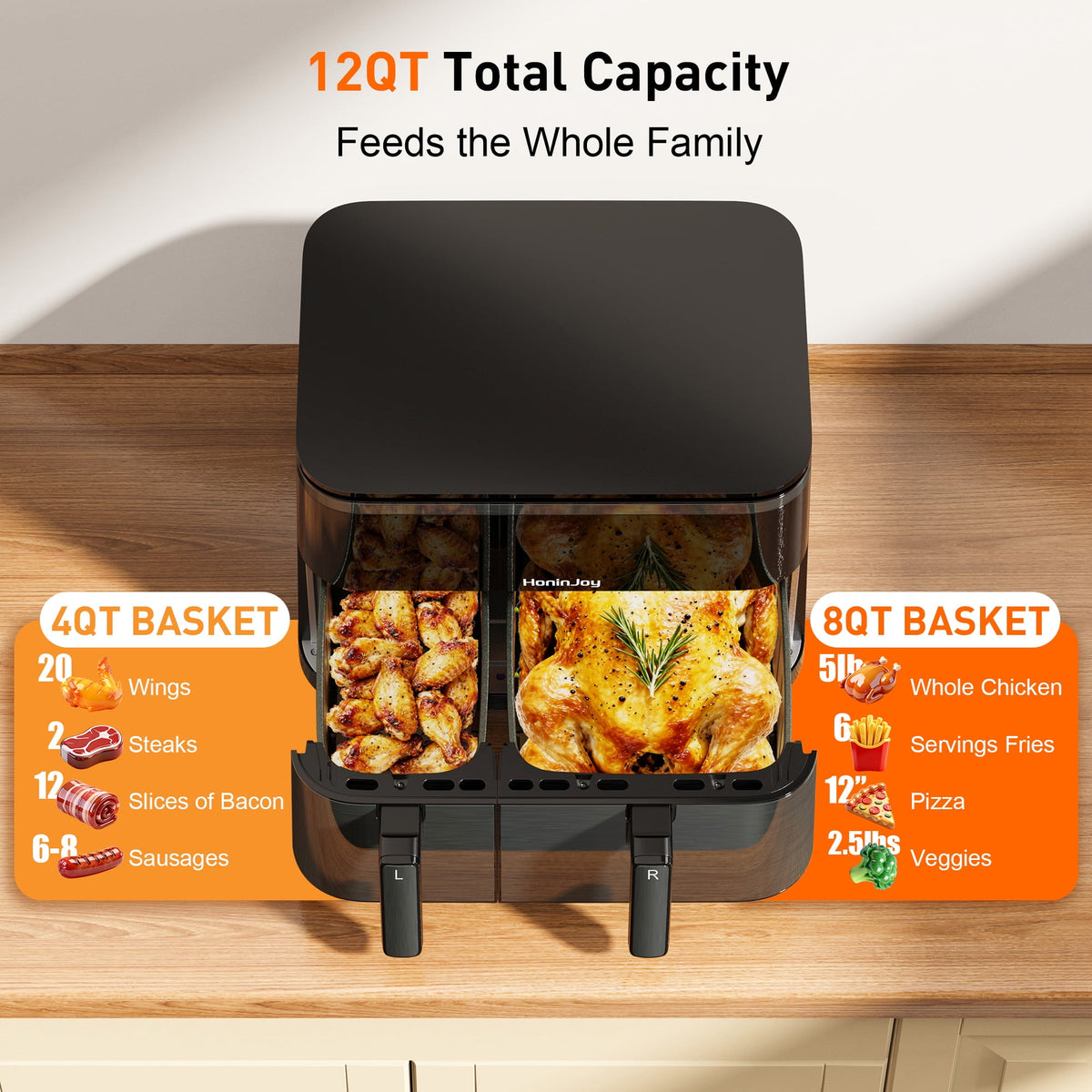 HoninJoy 12 QT Large Dual Basket Air Fryer, With Visible Cooking Window( 50PCS Air Fryer Liners Included)-New
