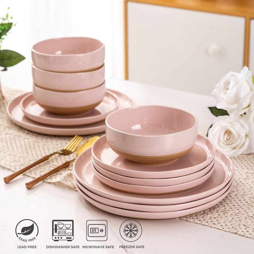 AmorArc Ceramic Dinnerware Sets for 4, 12 Pieces Handpainted Plates and Bowls Set with Rustic Terracotta Underside, Scratch Resistant Stoneware Dishes Set, Dishwasher & Microwave Safe,Light Beige