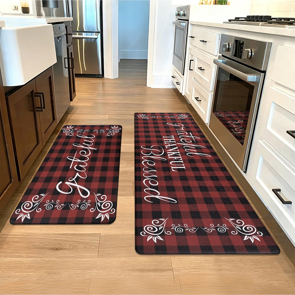 MeyJey Farmhouse Kitchen Rug Set of 2, Non-Slip Anti-Fatigue Waterproof Cushioned Mat for Kitchen, Dining & Laundry Room, 18"x30"+18"x48" Teal/Brown