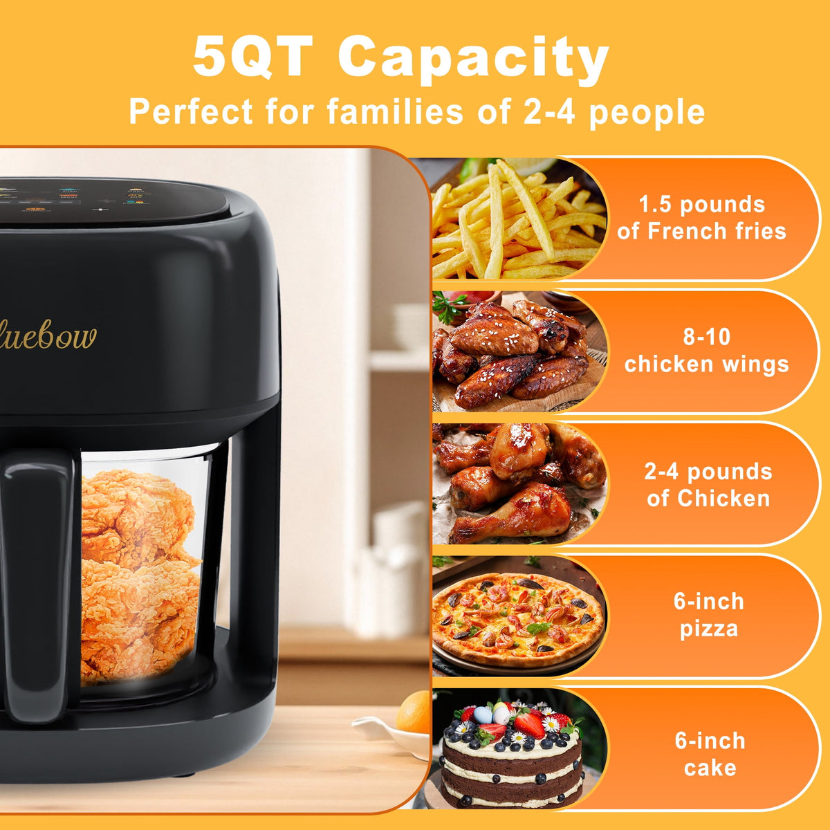 Bluebow 5 Quart Air Fryer with 360° Viewing Glass Pot, 8-in-1 Digital Touchscreen, Nonstick & Dishwasher Safe Basket, Less Oil, 1350W (White)