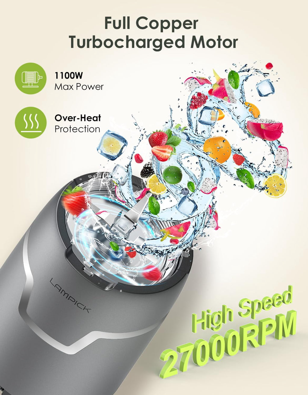 Personal Smoothie Blender, Blenders and Grinder Combo for Kitchen with 2 * 22 Oz To-Go Cup and Lid for Protein Shake, Baby Food, Frozen Drink