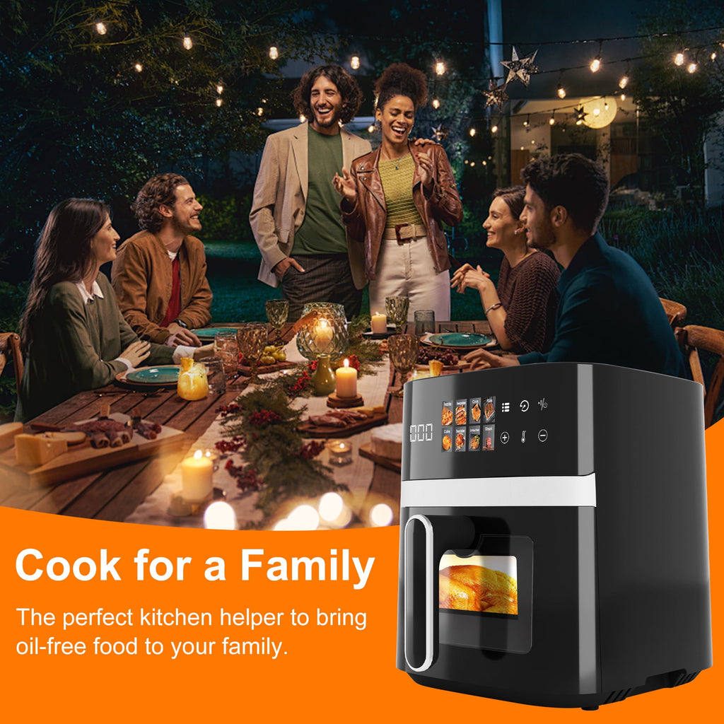 Bluebow 6QT Air Fryer, 8-in-1 Electric Hot Oven with Digital LED Touchscreen, Visible Window, 1500W, New, Black