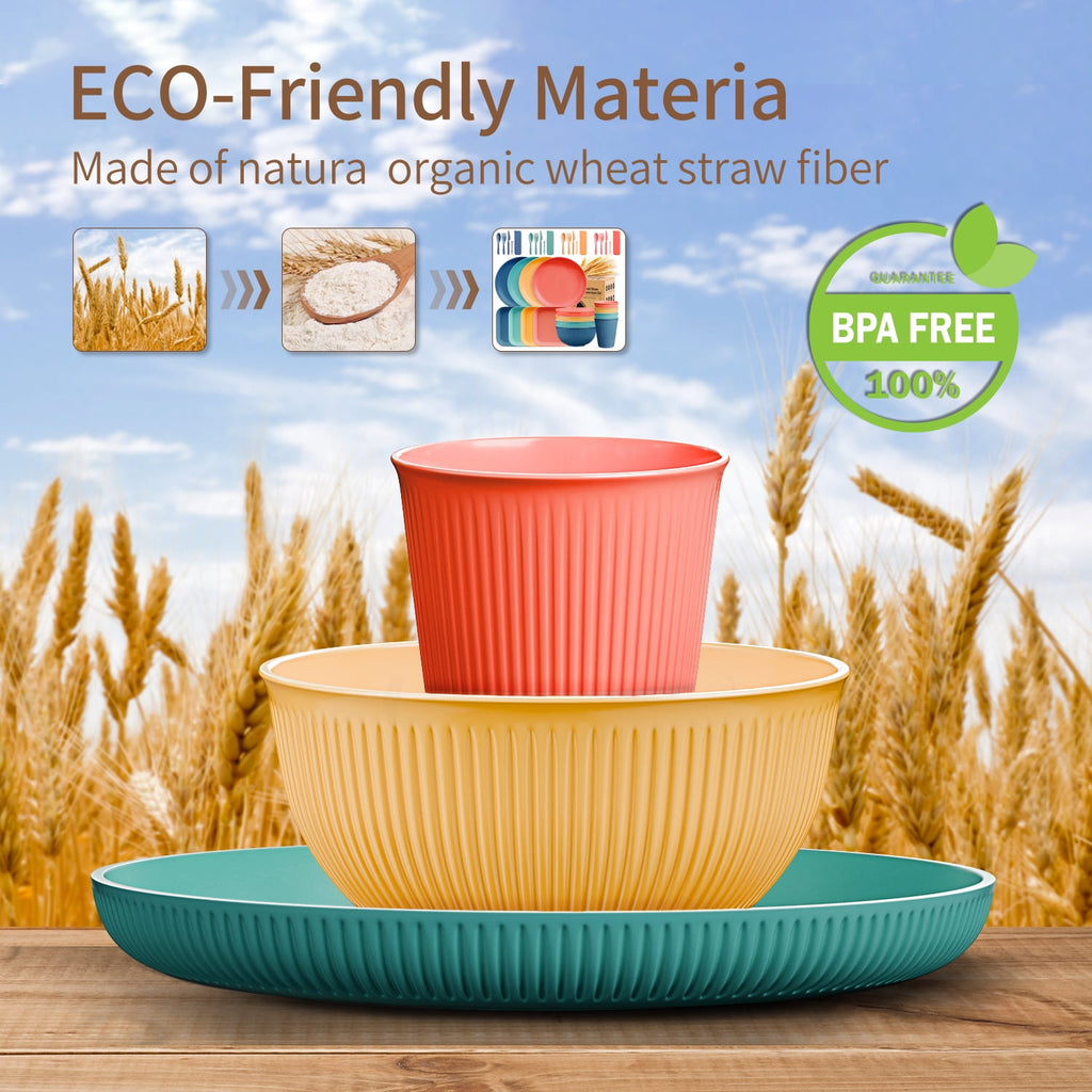 TINANA Wheat Straw Dinnerware Set, Service for 4, 36 PCS Unbreakable Plastic Plates and Bowls Sets, Dishwasher Microwave Safe - Multi Color