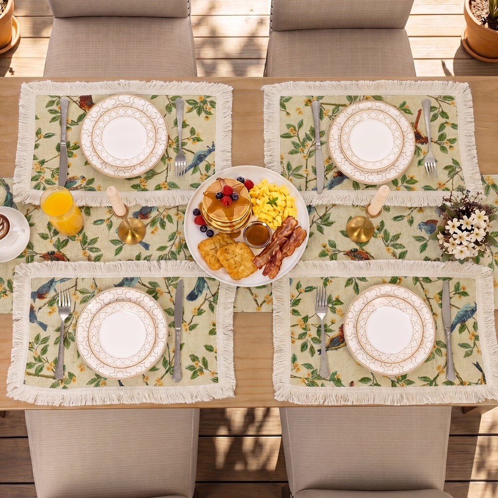 MeyJey Table Runner and Placemats Set of 4, Washable Fabric Rectangle Dining Table Mats with Tassels for Dining Tables, Kitchen, Red/Beige